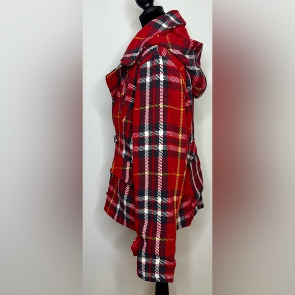 Body Central wool blend red plaid Fall Winter holiday coat button front Large - Picture 8 of 12